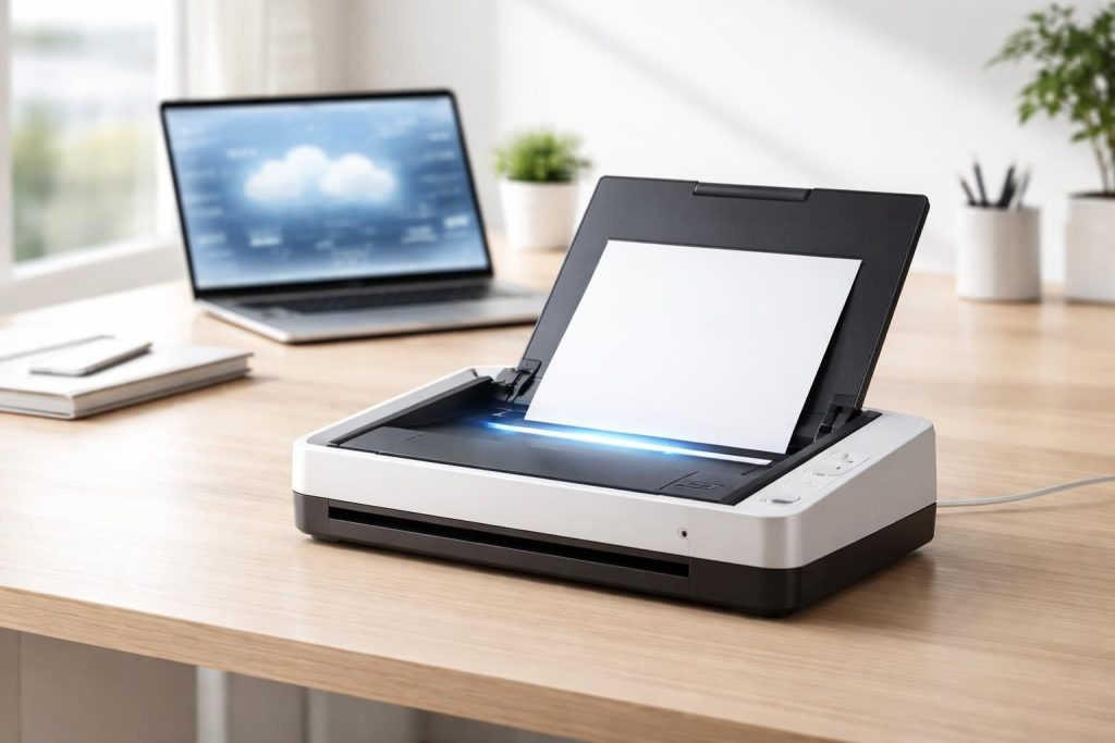découvrez notre scanner compact qui permet d'envoyer vos documents vers le cloud en un seul clic, alliant rapidité et simplicité pour une gestion optimale de vos fichiers.