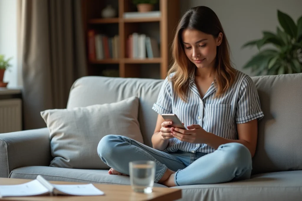 Jeune femme utilisant l'application mobile CAF sur smartphone pour mettre à jour son adresse et son RIB