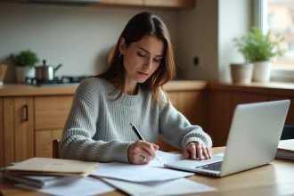 Femme remplissant un formulaire administratif CAF à la maison avec des courriers officiels sur la table