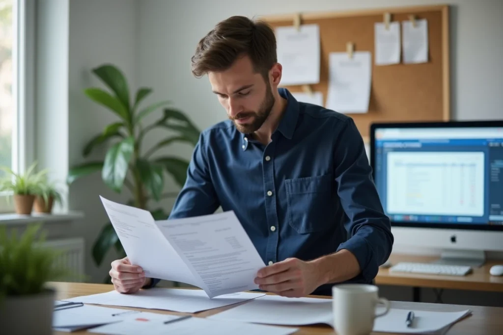 Homme comparant un RIB bancaire et un courrier CAF dans un bureau à domicile organisé