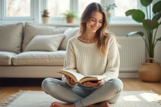 Maman épanouie lisant un journal de bien-être dans son salon cosy, symbolisant une démarche d'accompagnement maternel
