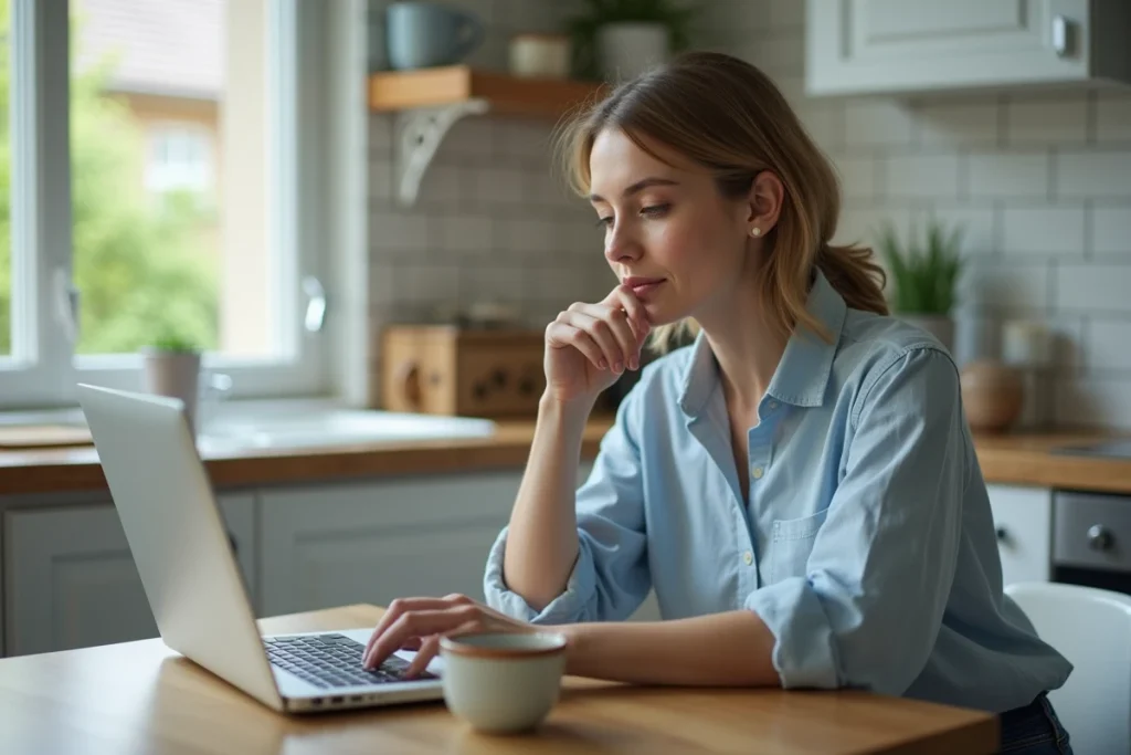 Mère concentrée consultant un site d'accompagnement parental sur son ordinateur dans une cuisine moderne