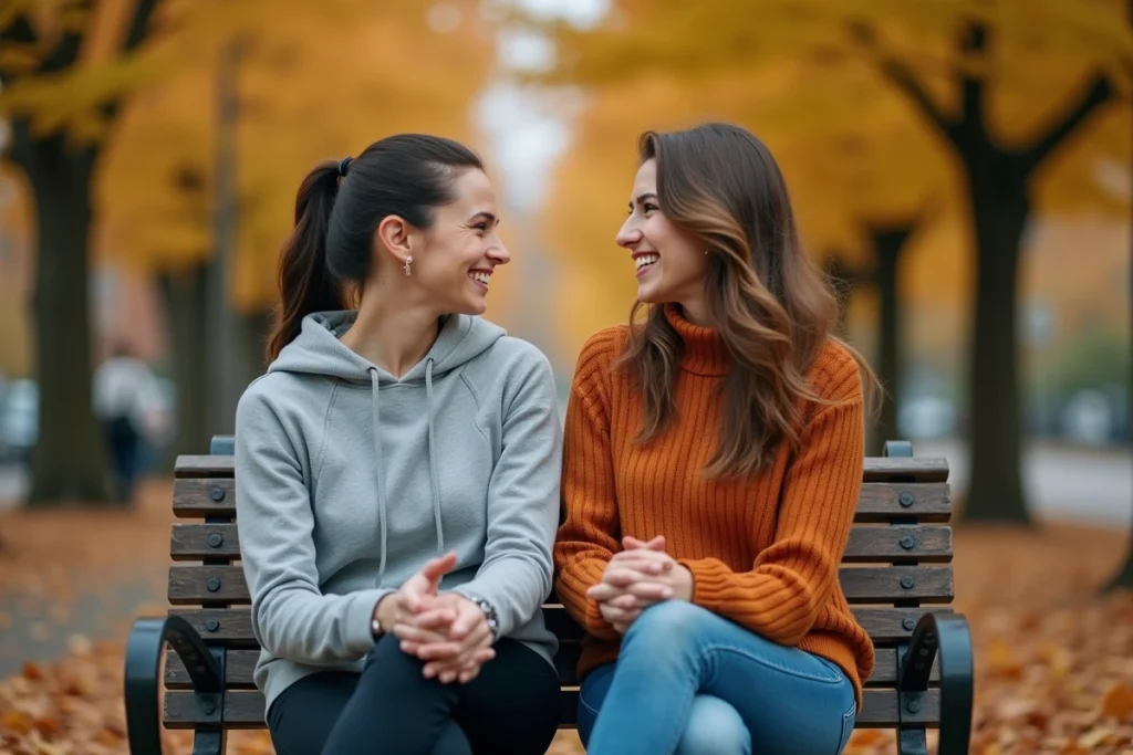 Deux mamans échangeant sur leurs expériences de bien-être maternel dans un parc en automne