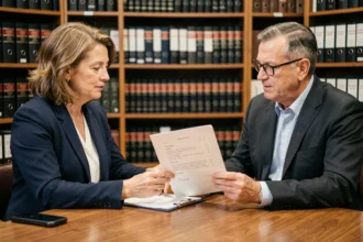 Femme et notaire examinant un document juridique relatif aux dettes du ménage selon l'article 220 du Code civil