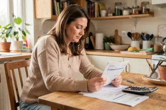Assistante maternelle calculant son salaire annuel sur des documents imprimés à la table de cuisine