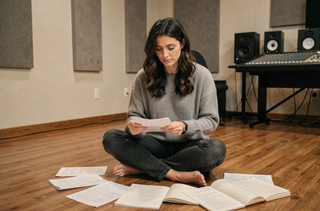 Auteure-compositrice dans un studio d'enregistrement entourée de partitions manuscrites, symbolisant l'écriture cathartique après une rupture amoureuse