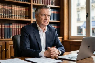 Avocat français en costume sombre assis dans un bureau parisien entouré de dossiers juridiques, portrait de personnalité publique sous tension entre vie privée et image médiatique