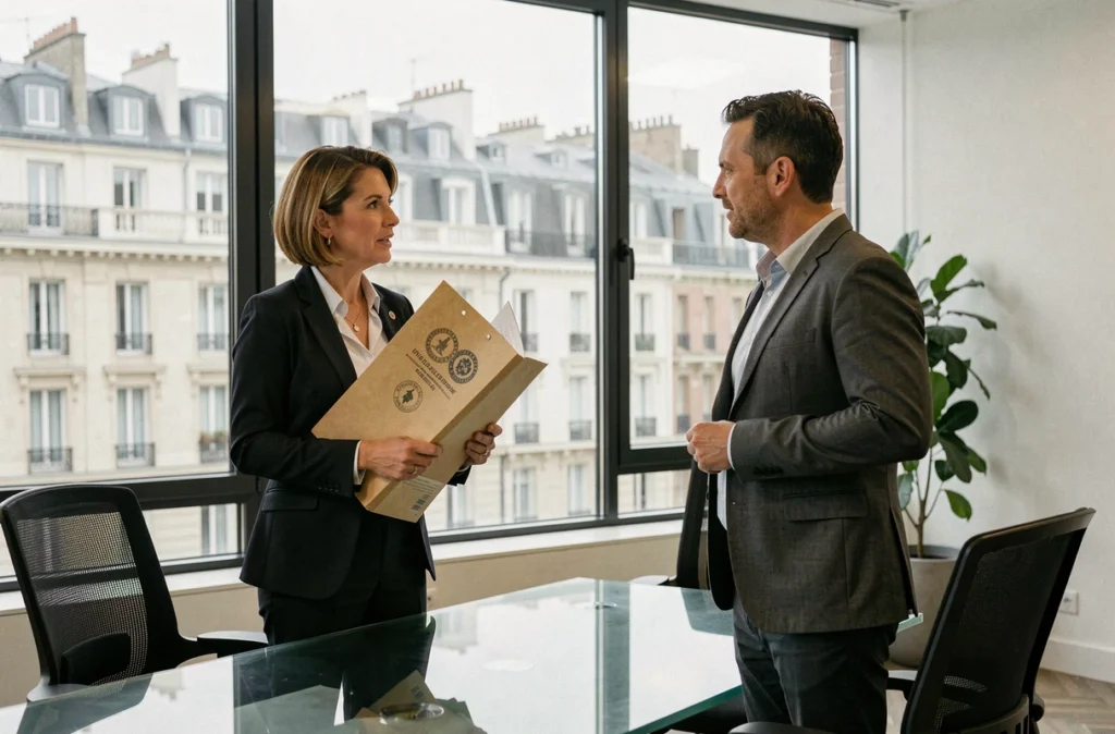 Avocate expliquant l'application de l'article 220 du Code civil à un client dans un cabinet juridique parisien