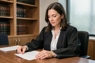 Avocate en robe noire consultant des documents juridiques dans un cabinet d'avocat, illustrant le rôle de l'avocat de l'enfant dans le cadre de l'article 375 du Code civil