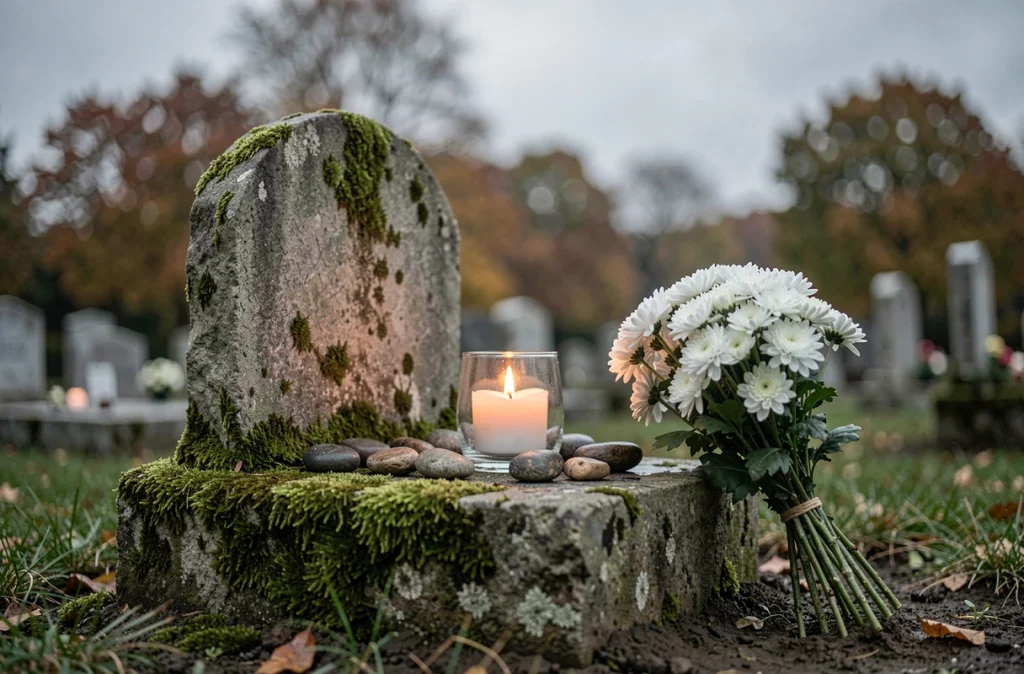 Bougie en forme de cœur allumée sur une pierre tombale entourée de chrysanthèmes blancs dans un cimetière en automne