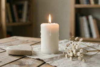 Bougie blanche allumée posée sur une table en bois avec un cœur en céramique et des fleurs séchées, ambiance de deuil apaisante