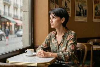 Chanteuse pensive seule dans un café parisien, évoquant un drame amoureux et son impact émotionnel sur sa vie artistique