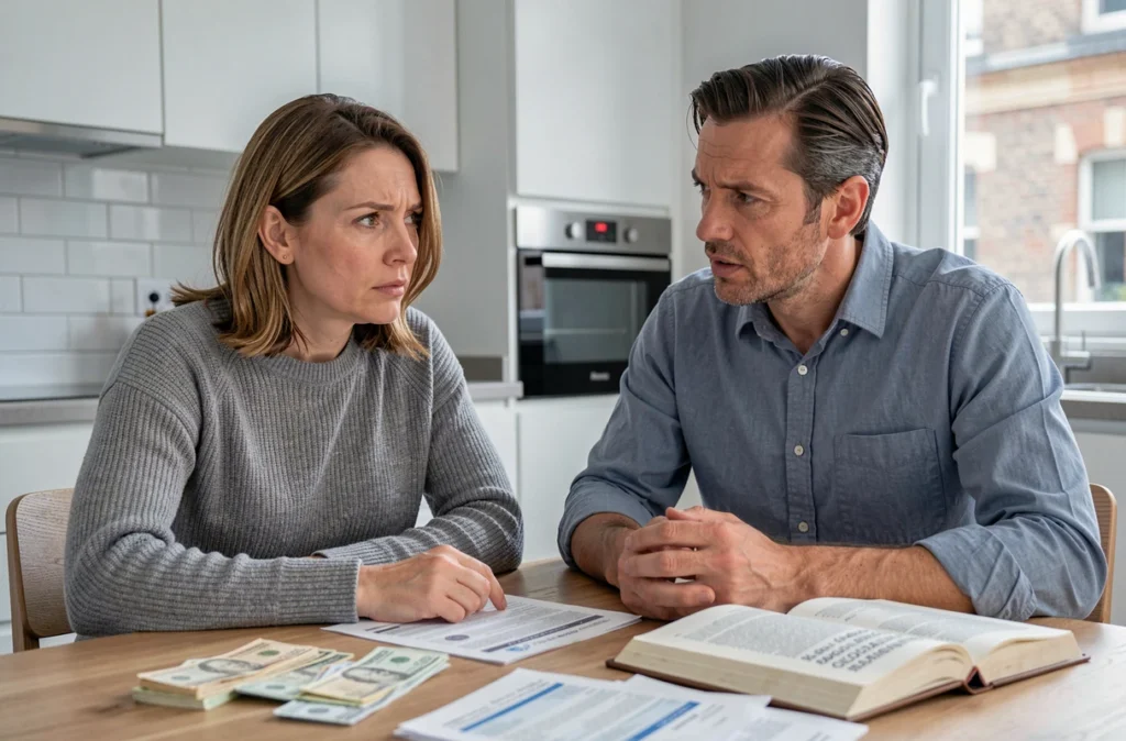 Couple discutant des dettes communes du ménage autour d'une table avec des relevés bancaires et le Code civil ouvert