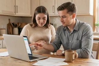 Jeune couple enceinte consultant une liste de naissance en ligne sur un ordinateur portable dans une cuisine moderne