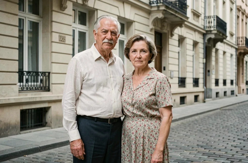Couple de parents d'origine européenne ashkénaze debout dans une rue aux façades en pierre de style mid-century