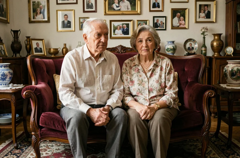 Couple de personnes âgées aux origines culturelles diverses assis dans un salon chargé de souvenirs familiaux, symbolisant l'héritage et les racines familiales