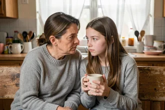 Mère et adolescente en conversation sincère dans une cuisine familiale, illustrant le dialogue parent-enfant en période de crise