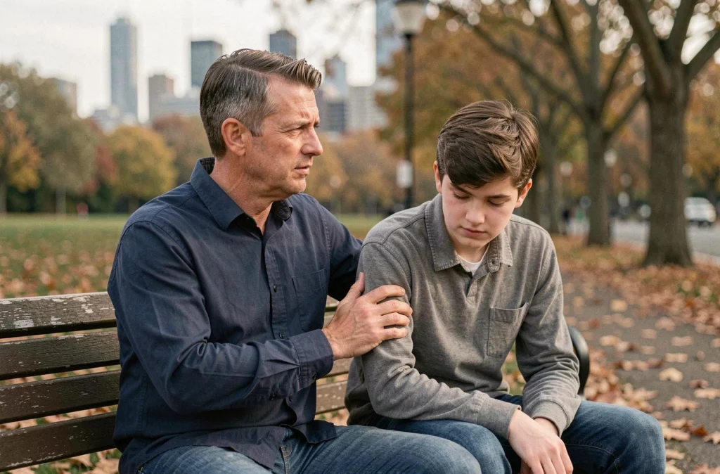 Père et fils adolescent assis sur un banc de parc en automne, tentant de communiquer lors d'une période de tension familiale