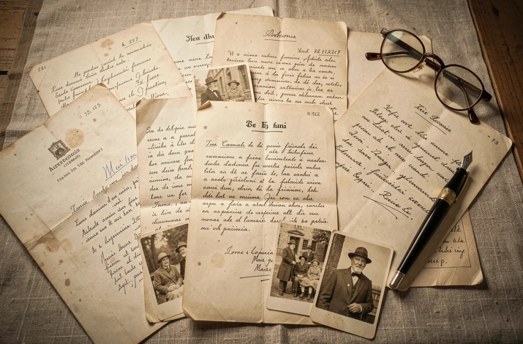 Documents familiaux anciens, lettres manuscrites en français et yiddish et photographies sépia évoquant une trajectoire familiale judéo-européenne