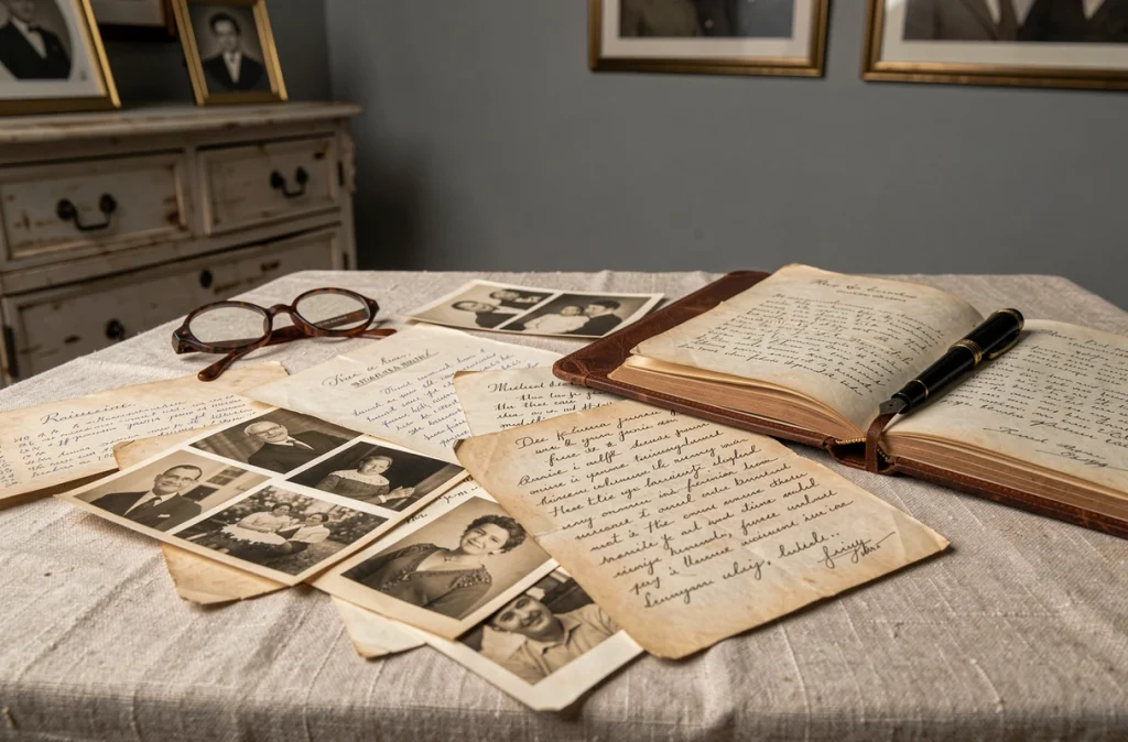 Documents familiaux anciens, lettres manuscrites et photographies sépia évoquant la recherche généalogique et les origines d'une famille