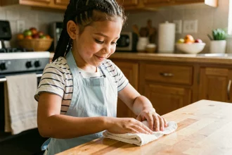 Petite fille de 7 ans pliant un torchon seule dans la cuisine, développant son autonomie grâce aux tâches ménagères quotidiennes