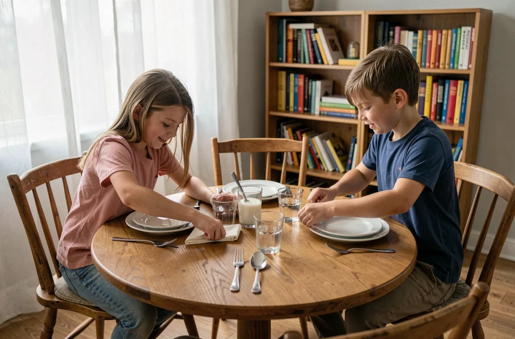 Deux enfants mettant la table ensemble dans la salle à manger, apprenant la coopération et l'autonomie par les tâches du quotidien en famille