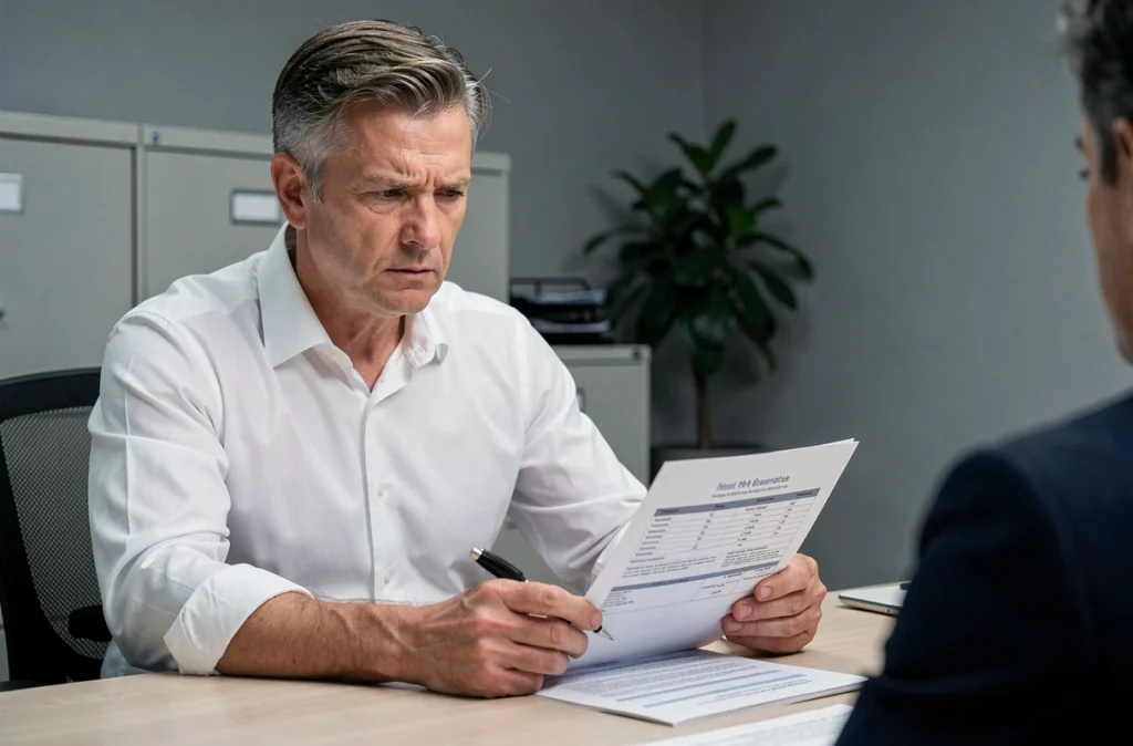 Homme examinant un contrat d'assurance dans un bureau, illustrant les risques juridiques d'employer une nounou au black