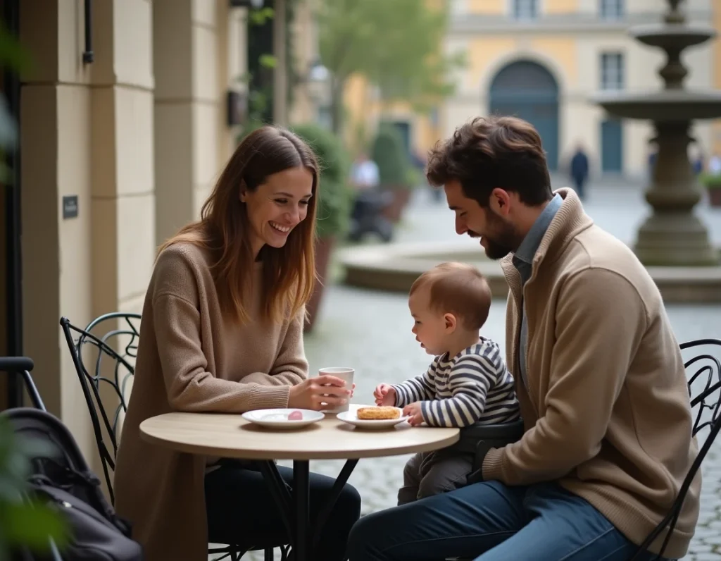 Famille avec bébé d'un an à la terrasse d'un café parisien pendant une sortie en ville