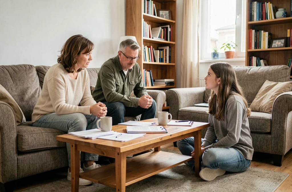 Parents et adolescente réunis dans le salon familial pour une discussion ouverte, symbolisant l'importance du dialogue en période de crise