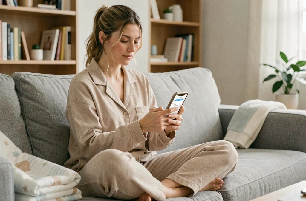 Femme enceinte consultant une cagnotte de liste de naissance sur son smartphone depuis son salon