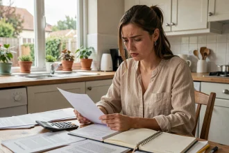 Femme inquiète examinant des documents administratifs liés à l'emploi d'une nounou à domicile non déclarée