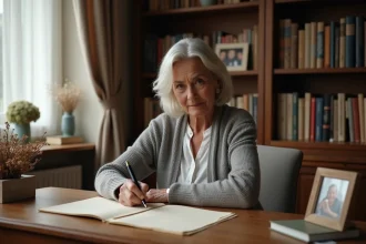 Femme d'âge mûr écrivant une lettre à la main dans un bureau calme, entourée de souvenirs familiaux et de fleurs séchées