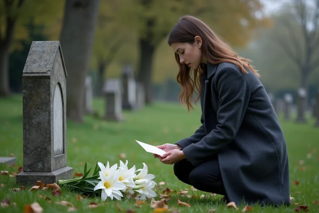 Femme déposant une lettre manuscrite et des lys blancs sur une tombe dans un cimetière paisible en automne