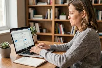 Femme paramétrisant son compte Top Assmat sur un ordinateur portable dans un bureau à domicile organisé