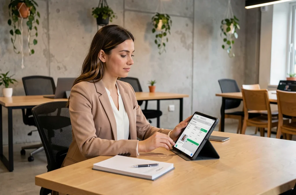 Femme configurant les paramètres de son compte Top Assmat sur une tablette dans un espace de coworking moderne