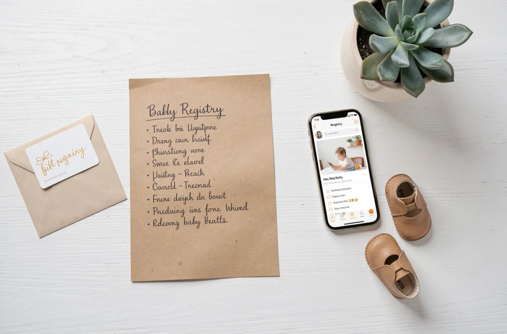 Vue de dessus d'une liste de naissance manuscrite avec smartphone et accessoires bébé sur un bureau blanc