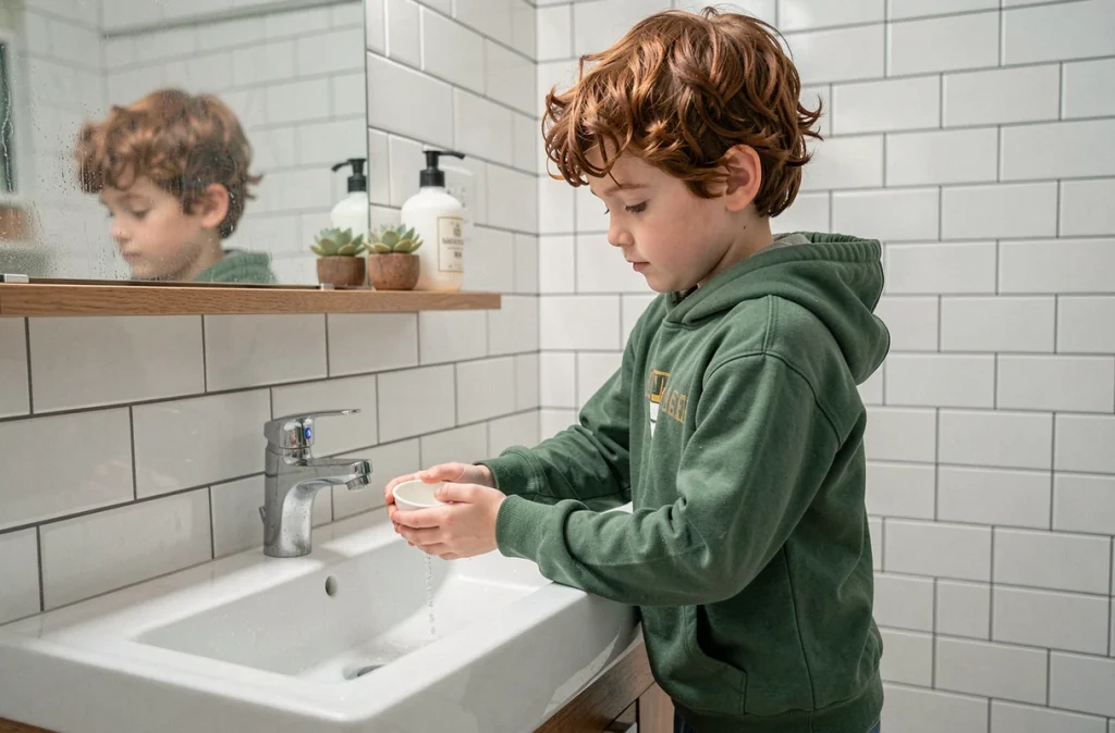 Garçon de 9 ans accomplissant seul sa routine quotidienne dans la salle de bain, illustration de l'autonomie enfantine dans les gestes du quotidien