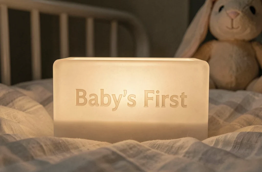 Gros plan sur une veilleuse en silicone personnalisée avec le prénom du bébé gravé, posée sur une couverture en mousseline lors d'un séjour en voyage