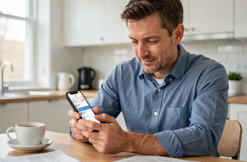 Homme assistant maternel configurant son compte Top Assmat sur smartphone depuis sa cuisine