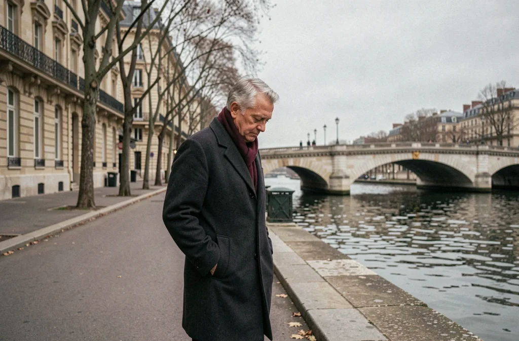 Homme distingué aux cheveux argentés marchant seul sur les quais de la Seine à Paris en automne, métaphore de la solitude et de l'équilibre entre vie publique et vie privée
