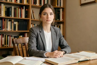 Jeune femme française studieuse assise à un bureau entouré de livres, regard pensif et ambitieux dans un cadre académique chaleureux