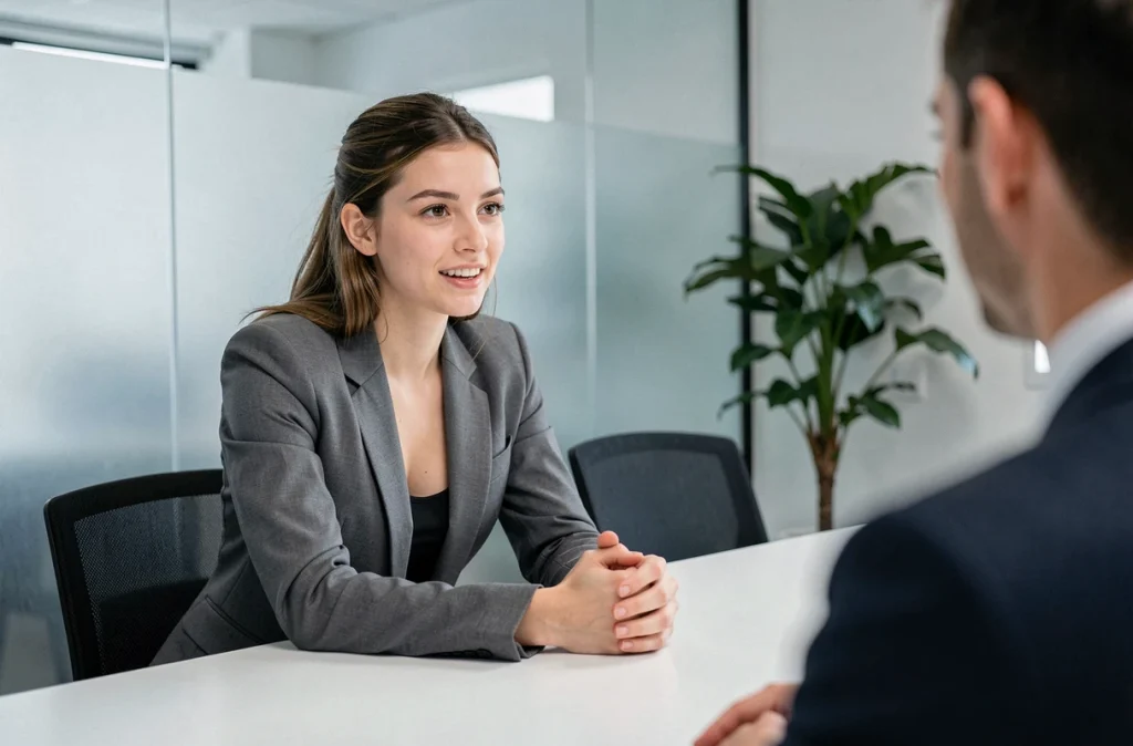 Jeune femme française en entretien dans un bureau moderne, expression franche et confiante évoquant ambition personnelle et confidences