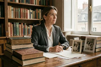 Femme journaliste dans un bureau parisien entourée de livres et de photographies de famille en noir et blanc