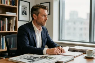 Journaliste et directeur de rédaction assis à son bureau privé, regard pensif vers la fenêtre, illustrant la tension entre vie publique et vie personnelle dans les médias