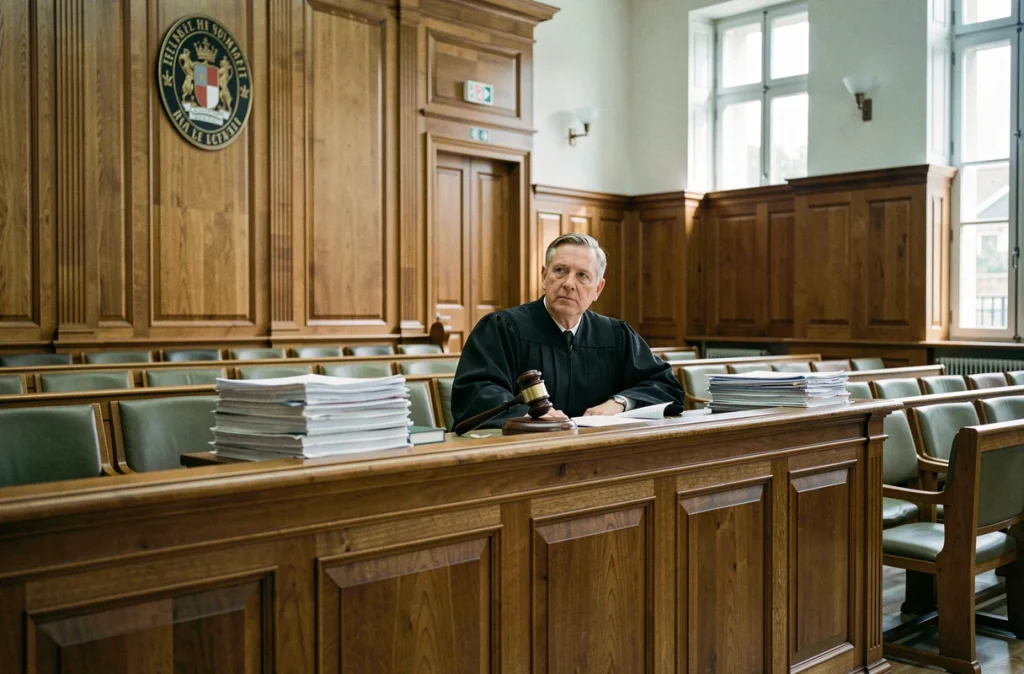 Juge en audience dans un tribunal aux affaires familiales, symbolisant la procédure judiciaire liée à la protection de l'enfant selon l'article 375 du Code civil