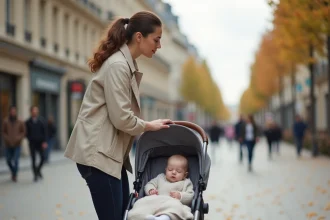 Jeune maman poussant une poussette moderne avec son bébé endormi sur un boulevard parisien en automne