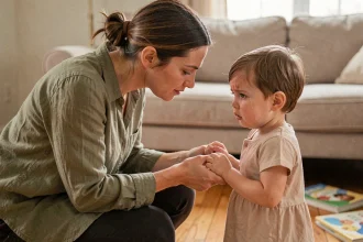 Mère accroupie au niveau de son enfant en pleurs pour l'aider à gérer ses émotions dans un salon cosy
