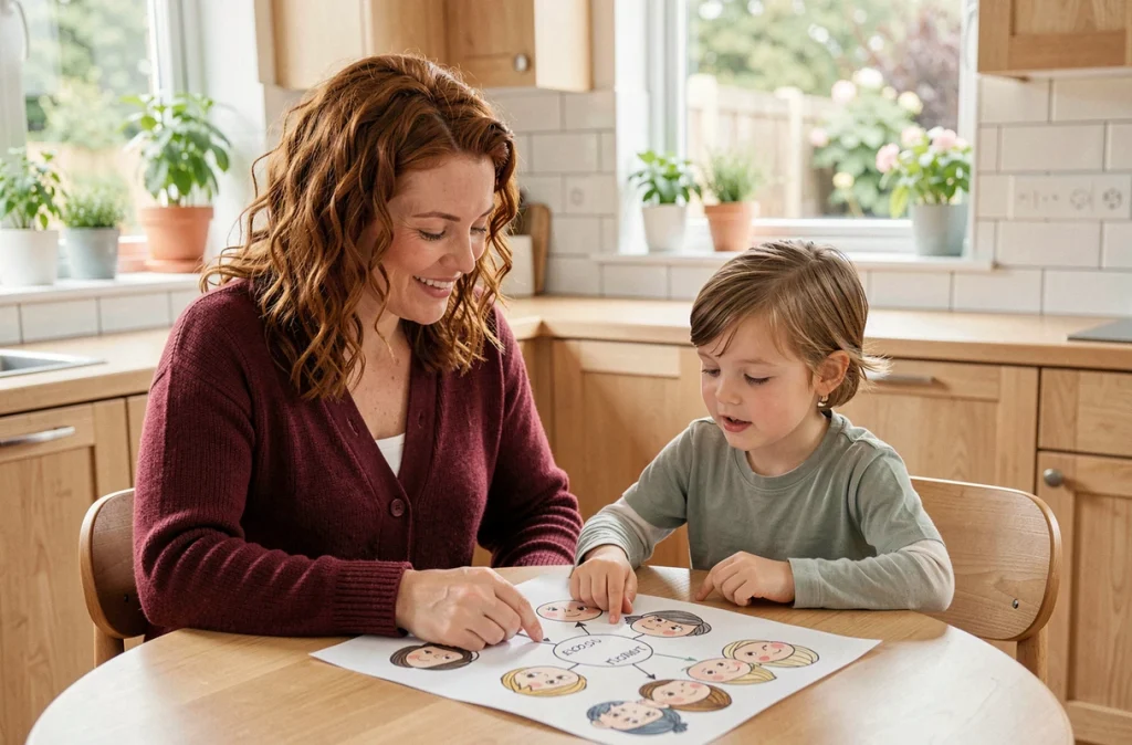 Mère et fille assises à la table de cuisine utilisant un tableau des émotions dessiné à la main pour apprendre à identifier les émotions
