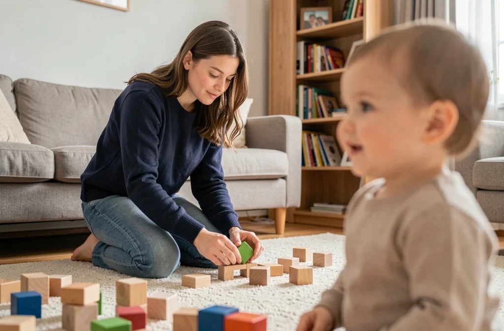 Nounou à domicile jouant avec un enfant en bas âge dans un appartement, illustrant la garde informelle non déclarée
