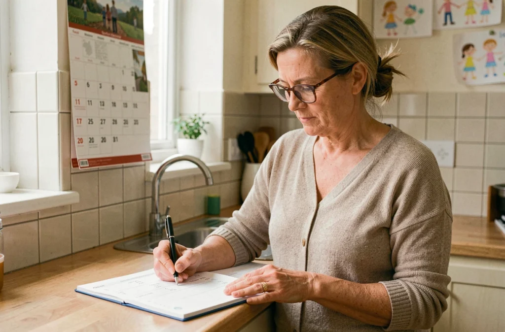 Nounou expérimentée notant le calcul de son salaire annuel dans un agenda papier dans sa cuisine